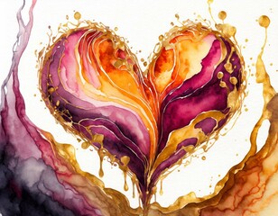 Ein Herz aus Aquarellfarben in dunkelorange und magenta, mit weißem Hintergrund, mit goldenem Liquid