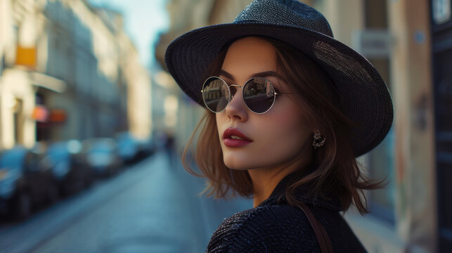 Portrait of a beautiful young woman in hat and sunglasses on the street
