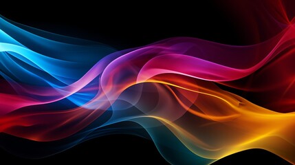 A black background with abstract whiffs of multicolored transparent fume swirling on a black background is depicted in this illustration. - obrazy, fototapety, plakaty