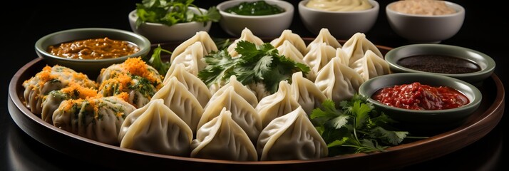 Traditional Asian mandu or dumplings on a serving platter with assorted sauces and side dishes on a...