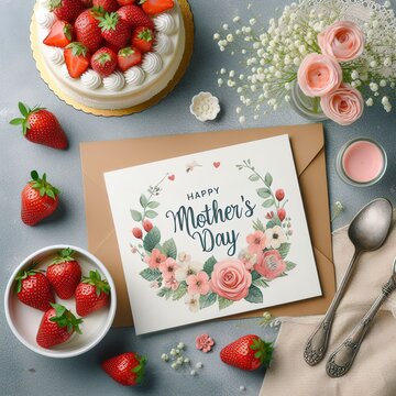 Top view of beautiful Mothers Day greeting card and cake with strawberries