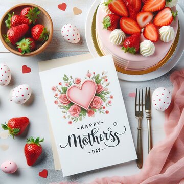 Top view of beautiful Mothers Day greeting card and cake with strawberries