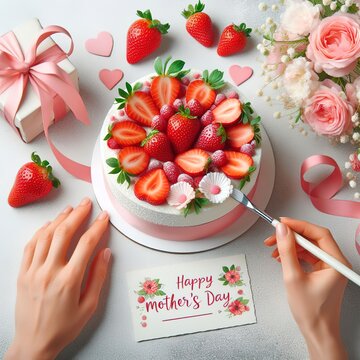 Top view of beautiful Mothers Day greeting card and cake with strawberries