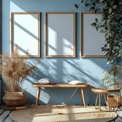Frame Photo Mockup Sky Blue Wall, 3d  illustration
