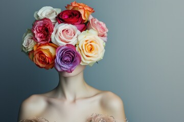 Illustration of a beautiful woman in a dress with her face covered with a bouquet of colorful roses on a gray background.
