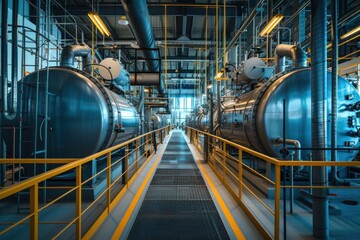 large industrial factory Interior of modern industrial boiler room with large metal tanks and pipes at industrial plant