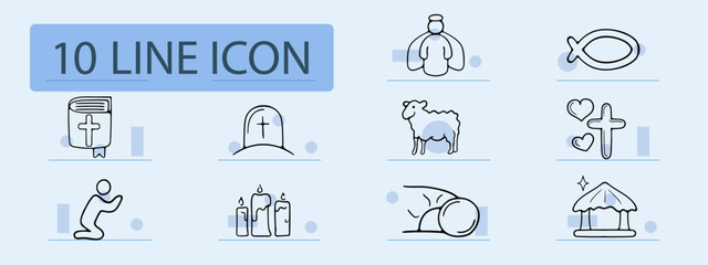 Religion set line icon. Angel, halo, prayer, bread, communion, gazebo, bible, cross, heart, candles. Pastel color background. Vector line icon for business and advertising