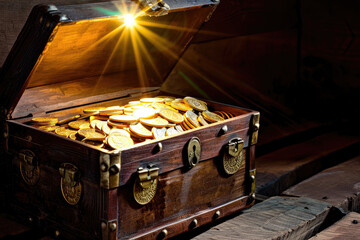 An open treasure chest filled with gold coins inside a ship.