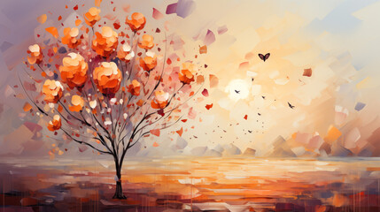 Postcard with Painting of a abstract Tree With blooming Leaves