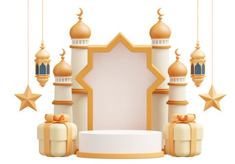 3d ramadan icon with gift box, lantern and star, mosque dome and podium - obrazy, fototapety, plakaty