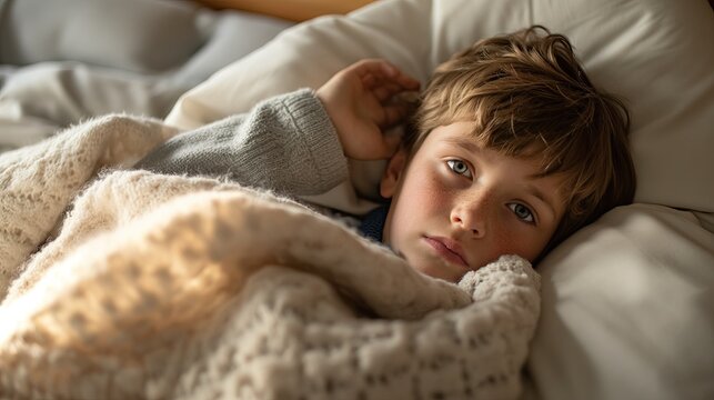 Boy lying in bed sick