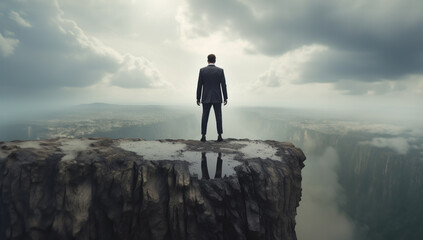 Businessman guy in a suit standing on a cliff risking falling down - obrazy, fototapety, plakaty