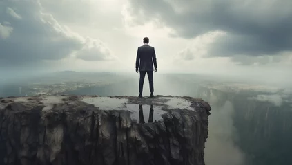 Foto op Aluminium Businessman guy in a suit standing on a cliff risking falling down © tinyt.studio