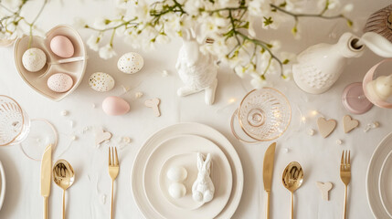 Fototapeta na wymiar Aesthetically decorated table with easter bunnies, eggs, gold cutlery. Festive Easter concept. Top view. Generative AI