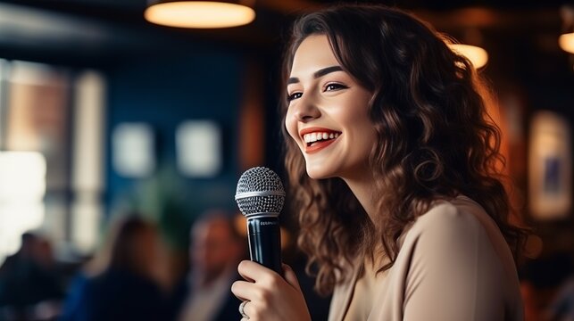 An image of a smiling woman holding a microphone in a medium shot.