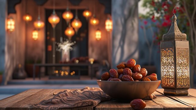 Ramadan concept dates cloce up in the foregro