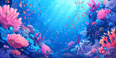 Fototapeta na wymiar Vibrant Underwater Ecosystem: A Colorful Display of Marine Life and Coral Reefs Illuminated by Sunlight
