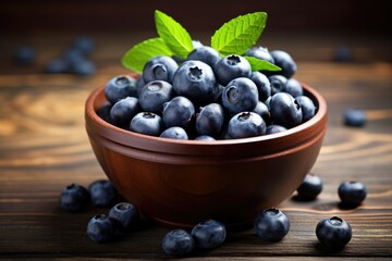 Blueberry. Bowl full of blueberries. Close-up food photography background Ai generated