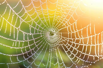 Glistening spider s web with intricate patterns and vibrant dewdrops illuminated by sunlight.