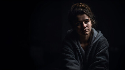 Obraz premium A depressed woman sitting alone in the dark room background.