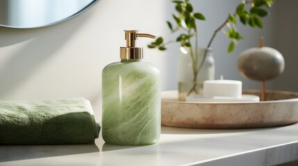 Fototapeta na wymiar Refreshing green bathroom accessories on marble counter with natural light. Harmony and cleanliness concept.  