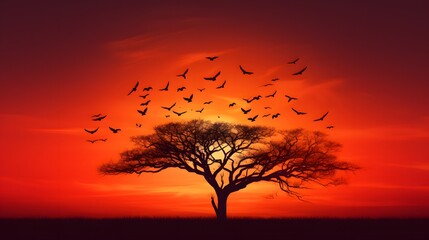 Silhouette dead tree and birds flying on sunset on red sky. Background for peaceful and tranquil concept. Light for hope and spiritual. Awakening and inspiration concept. Soul and respect concept.