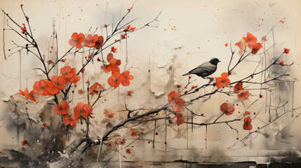 The postcard and background of a Bird Sitting on a b blossoming Tree Branch