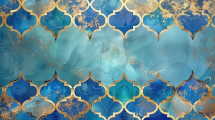 Blue and gold tile pattern in the style of enchanting watercolors, moroccan. - obrazy, fototapety, plakaty