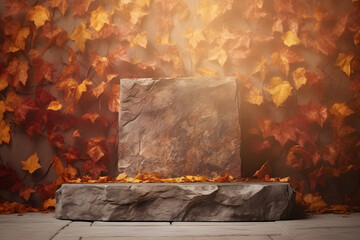 Stone podium autumn foliage background