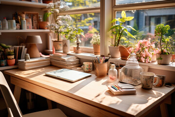 Fototapeta premium Cozy interior of a modern workplace with a laptop at home in Scandinavian style