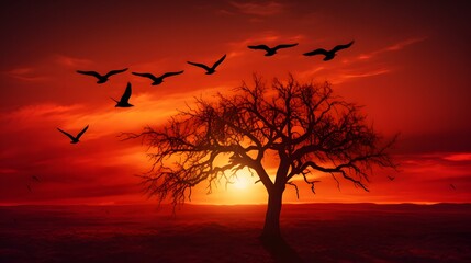Silhouette dead tree and birds flying on sunset on red sky. Background for peaceful and tranquil concept. Light for hope and spiritual. Awakening and inspiration concept. Soul and respect concept. - obrazy, fototapety, plakaty