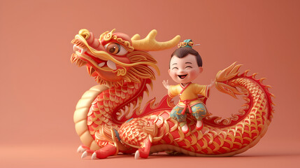 Chinese New Year seasonal social media background design with blank space for text. A cute happy Chinese boy in traditional outfit is sitting on a dragon on red background. Red and gold color scheme.