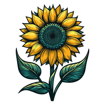 Sunflower with green polem clip art illustration isolated on transparent background