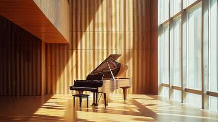 Classic grand piano in aesthetic minimalist style room interior full of light. Peach fizz colour palette. Generative AI - obrazy, fototapety, plakaty