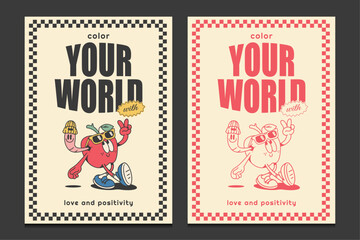 retro 70s posters with cute mascot cartoon characters, vector illustration