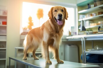 golden retriever in the veterinarian's office. The dog stands on the examination table - obrazy, fototapety, plakaty
