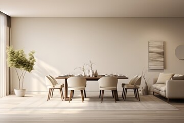 Modern interior design of apartment, dining room with table and chairs, empty living room with beige wall, panorama.