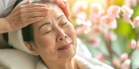Papier Peint photo Lavable Spa Senior Asian adult woman lady in spa salon relaxing after taking massage treatment with her eyes closed. Care about yourself beauty treatment procedures concept. Body skin and hair care