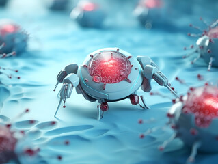 Nanobot attacking cancer cell, nanotechnology medical concept, 3D illustration. Nano sized robots developed to treat cancer