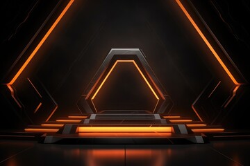 Abstract round podium illuminated with orange neon lights, Futuristic Sci Fi Spaceship Interior Background