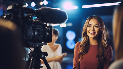 The two young women on the set for a tv interview are focused on women's tv studios.