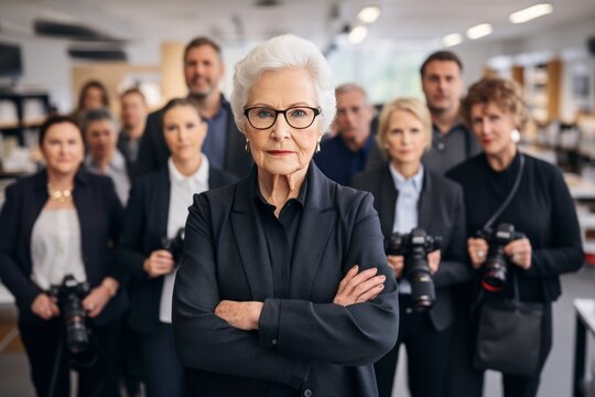 portrait of people. ฺbusiness woman and team. Angry , serious mood. modren office and tower view background.