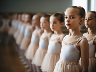 Young ballet students standing in line at dance class.
