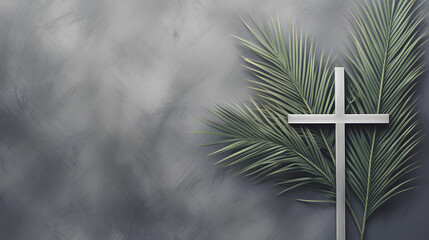 Christian cross and green palm leaf. Gray background. Holy week. Palm Sunday. - obrazy, fototapety, plakaty
