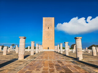 Scenic view of Hassan Tower or Tour Hassan , the minaret of an incomplete mosque in Rabat, Morocco.