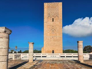 Scenic view of Hassan Tower or Tour Hassan , the minaret of an incomplete mosque in Rabat, Morocco.