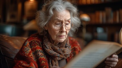 Elderly woman intently reading a document, concern etched on her face in a home setting
