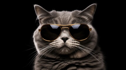 cat  with Sunglasses on isolated black background, funny animal, cur cat portrait, rich, money,  - obrazy, fototapety, plakaty