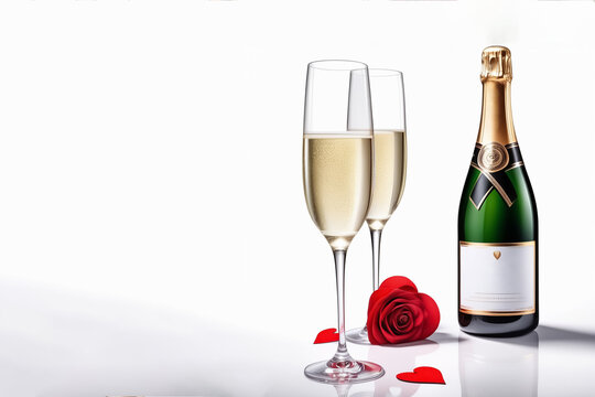 Two glasses with a rose and a bottle of champagne on a light background.