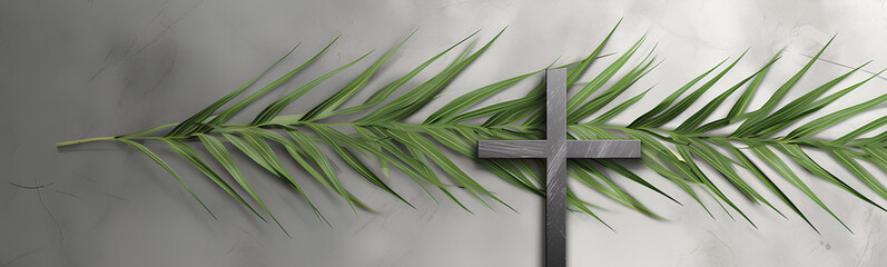 Christian cross and green palm leaf. Gray background. Holy week. Palm Sunday.
